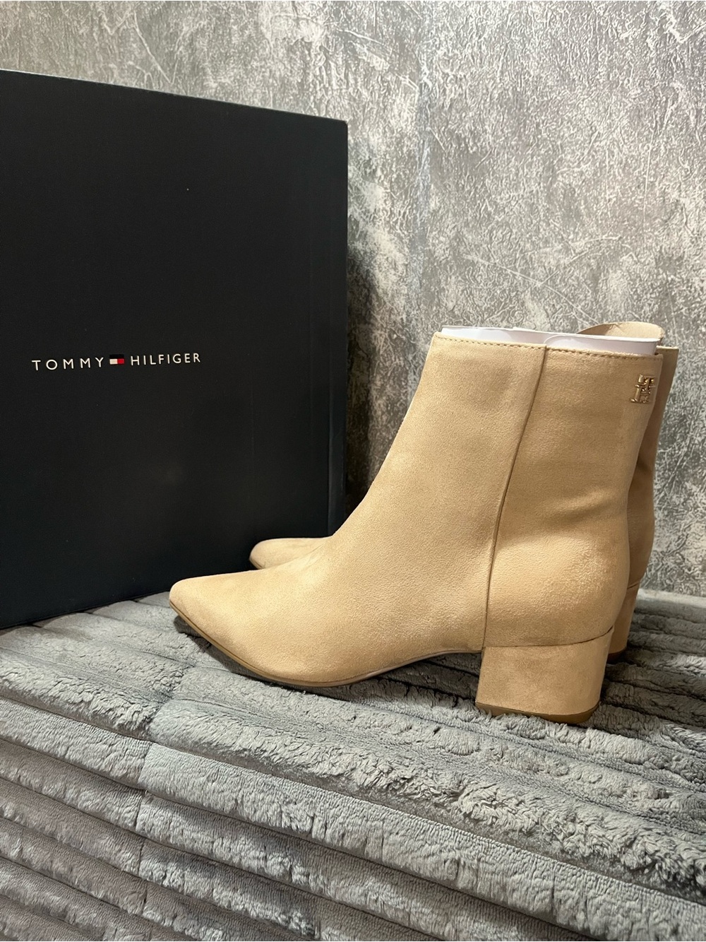 Tommy Hilfiger Neutral Suede Block Heel Ankle Boots